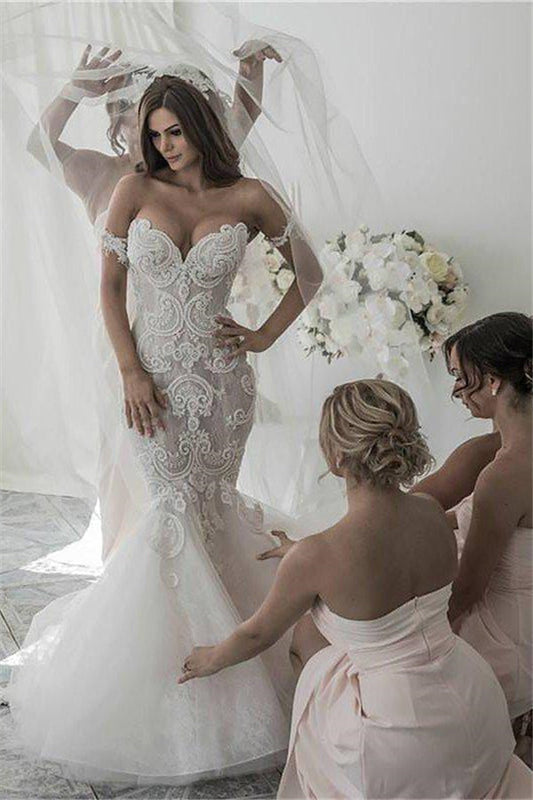 Off The Shoulder Sleeveless Mermaid Tulle Chapel Train Wedding Dress