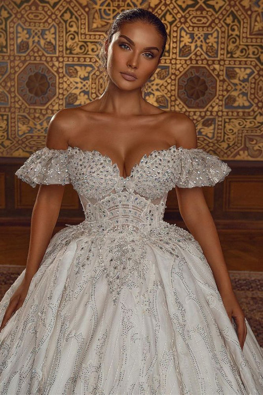 Off The Shoulder A-line Ball Gown Beaded Wedding Dress