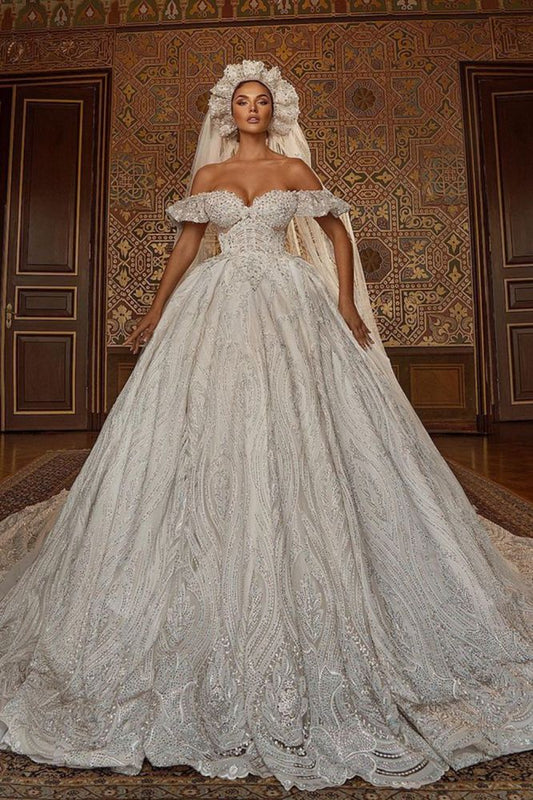 Off The Shoulder A-line Ball Gown Beaded Wedding Dress