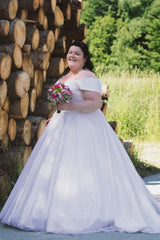 Dreamyannie A Line Plus Size Wedding Dress Off the Shoulder Lace Up Bridal Gown