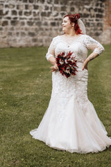 Dreamyannie Plus Size Wedding Dress 3/4 Sleeve Tulle Mermaid Bridal Gown with Lace Appliques