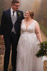Dreamyannie V Neck Beach Plus Size Wedding Dress A Line Tulle Bridal Gown with Lace Appliques