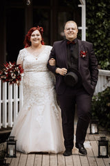 Dreamyannie Plus Size Wedding Dress 3/4 Sleeve Tulle Mermaid Bridal Gown with Lace Appliques
