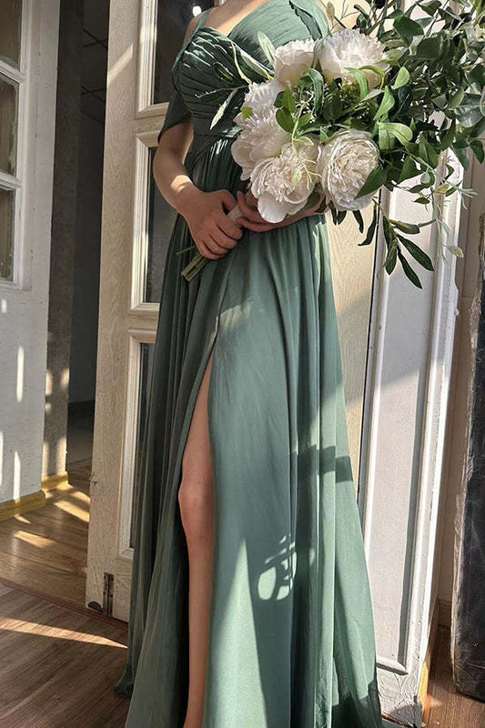 Dark Green Lace-Up Long Chiffon Bridesmaid Dress