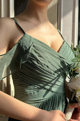 Dark Green Lace-Up Long Chiffon Bridesmaid Dress