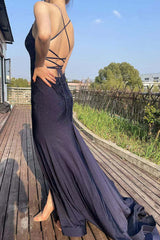 Navy Spaghetti Straps Backless Beaded Mermaid Prom Dress with Split