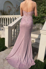 Pink Mermaid Corset Lace Appliques Spaghetti Straps Long Prom Dress