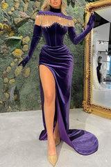 Regency Long Sleeves High Neck Prom Dress Mermaid Long Velvet Evening Dress With Slit