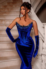 Royal Blue Long Velvet Beading Sleeveless Mermaid Prom Dress