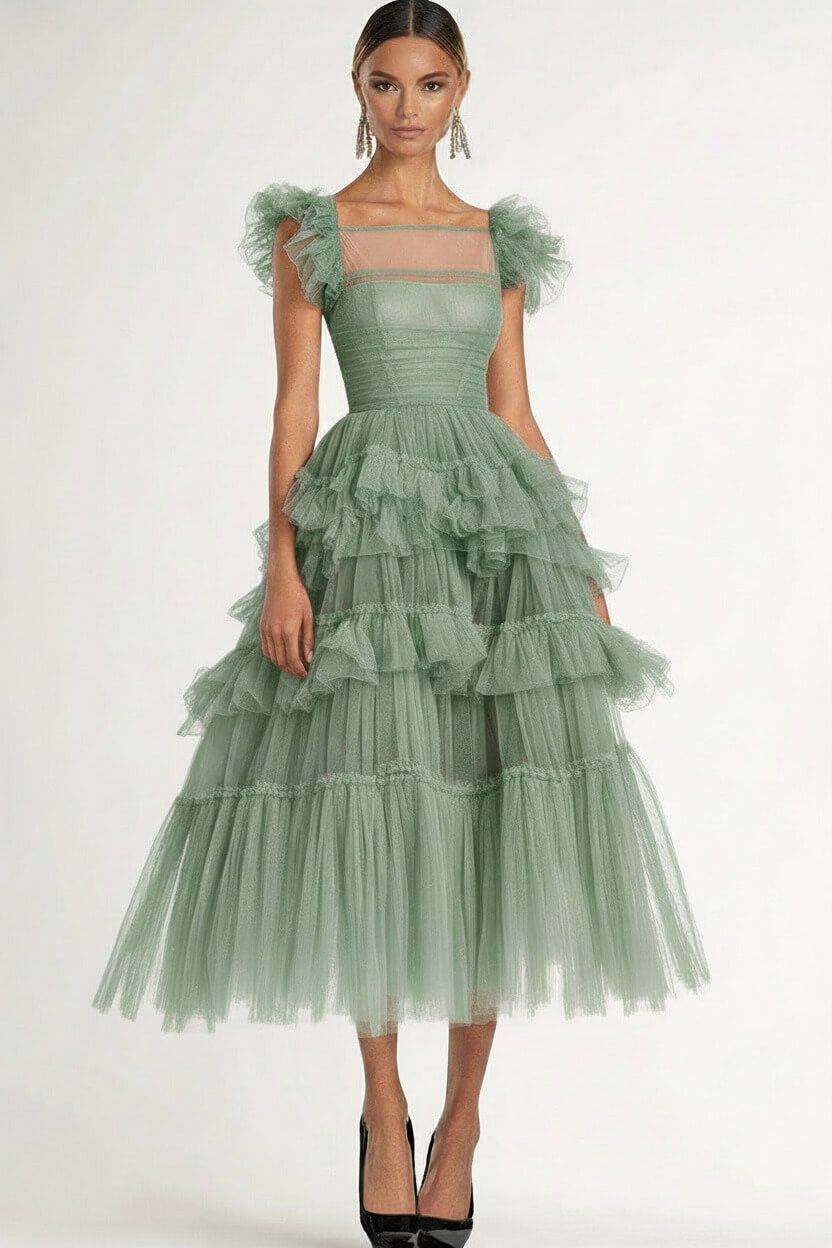 Dreamyannie Tea Length Black Wedding Guest Dress A-Line Flatter Sleeves Tulle Formal Dress With Ruffles