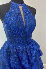 Halter A line Prom Dress Tiered Formal Dress Sequined Tulle Lace Evening Dress