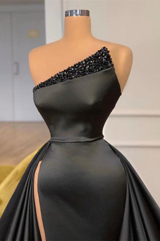 Black Beadings Prom Dress Long With Split On Sale