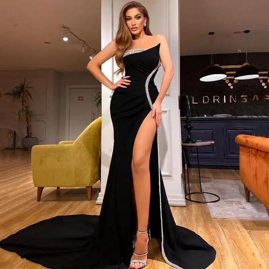 Black Mermaid Slit Prom Dress With Silver Sequins