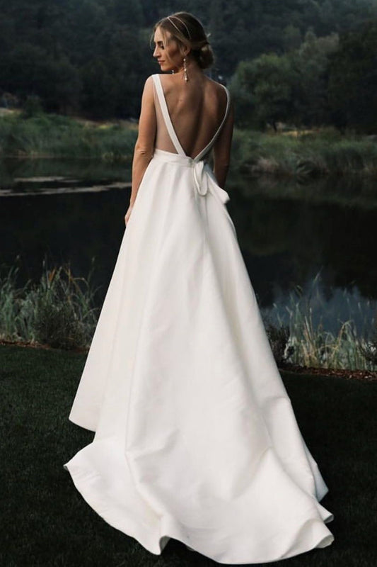 Ivory Satin Wedding Dress V Neck Backless A Line Bridal Dress