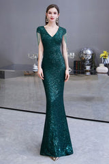 Shining Sequined Emerald Green Mermaid Cap Sleeve Long Prom Party Gowns