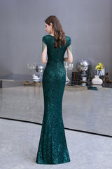 Shining Sequined Emerald Green Mermaid Cap Sleeve Long Prom Party Gowns