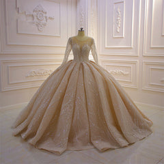 Shiny Ball Gown Tulle Jewel Neck Long Sleeves Wedding Dress