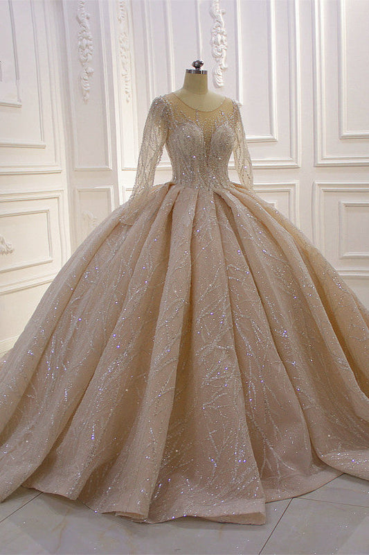 Shiny Ball Gown Tulle Jewel Neck Long Sleeves Wedding Dress