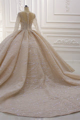 Shiny Ball Gown Tulle Jewel Neck Long Sleeves Wedding Dress