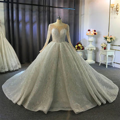 Shiny Ball Gown Tulle Jewel Neck Long Sleeves Wedding Dress