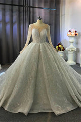 Shiny Ball Gown Tulle Jewel Neck Long Sleeves Wedding Dress