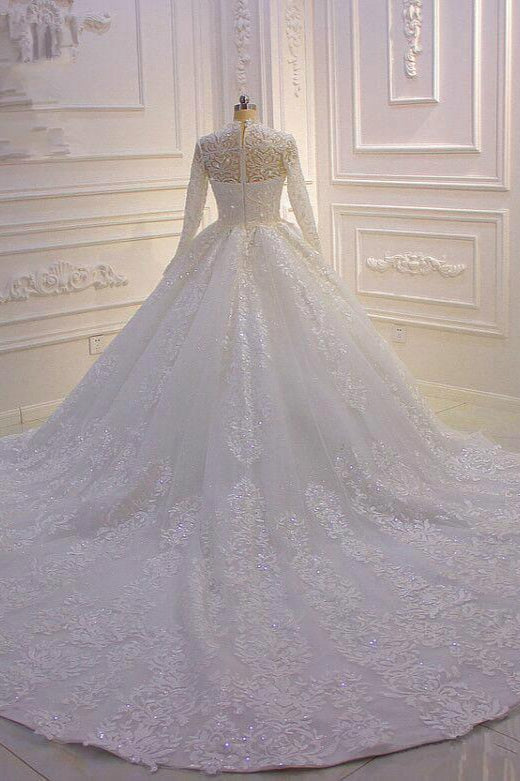 Sparkly Lace Ball Gown High Neck Tull Long Sleeves Wedding Dress