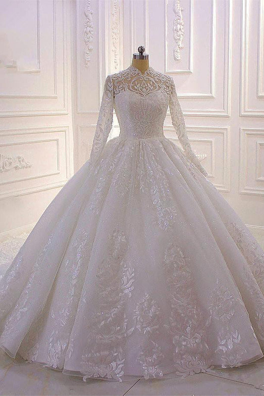 Sparkly Lace Ball Gown High Neck Tull Long Sleeves Wedding Dress