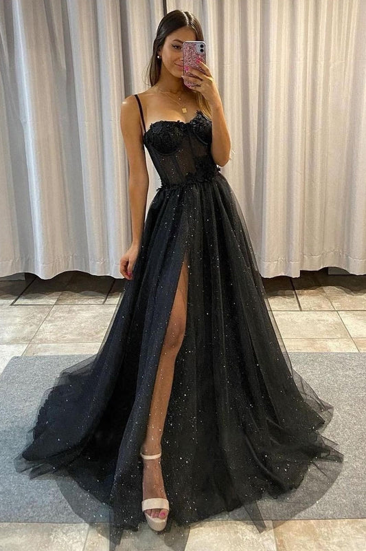 Sparkle Spaghetti Strap Black A Line Princess Tulle Prom Dress