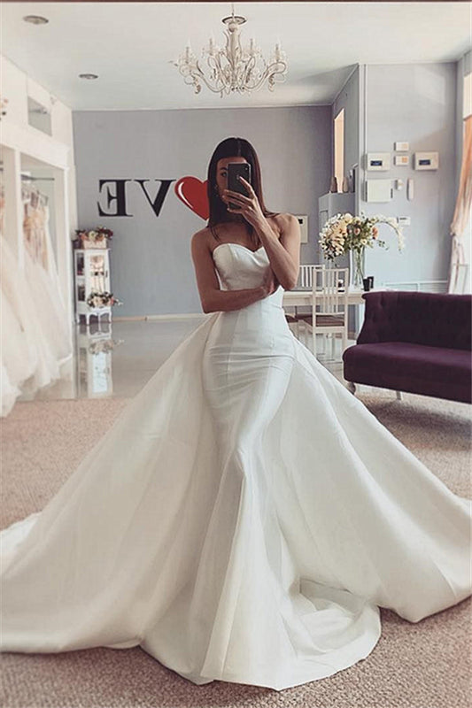 Strapless White Mermaid Wedding Dress Satin Bridal Dress with Panel Train