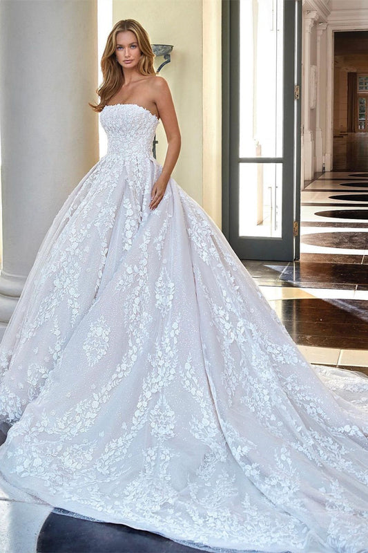 Ivory Wedding Dress Strapless Ball Gown Appliques Bridal Dress