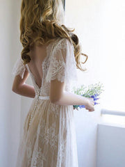 A Line Beach Wedding Dress V Neck Lace Short Sleeves Boho Bridal Gown