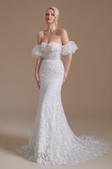 Ivory Wedding Dress Sweetheart Lace Mermaid Wedding Dress with Sleeves