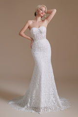 Ivory Wedding Dress Sweetheart Lace Mermaid Wedding Dress with Sleeves