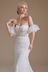 Ivory Wedding Dress Sweetheart Lace Mermaid Wedding Dress with Sleeves