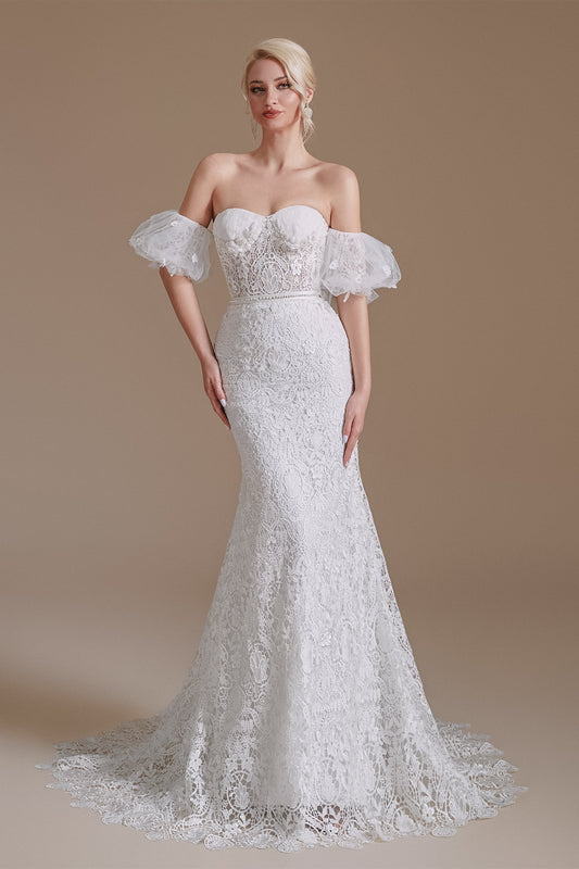 Ivory Wedding Dress Sweetheart Lace Mermaid Wedding Dress with Sleeves