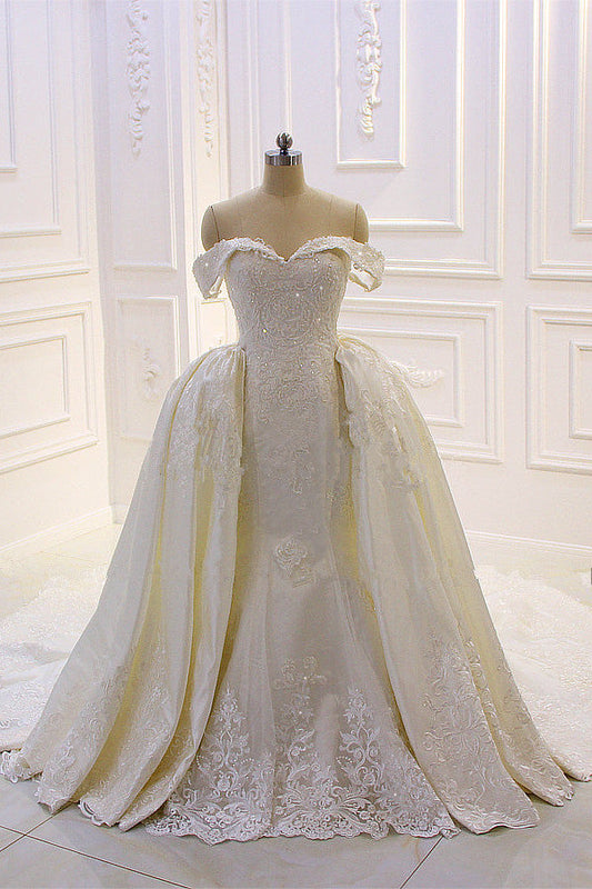 Sweetheart Lace Appliques Off The Shoulder Panel Train Wedding Dress