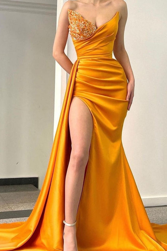 Sweetheart Satin Yellow Beaded Long High Split Mermaid Prom Dress With Panel Train