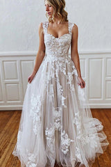 Sweetheart Straps 3D Floral Lace A Line Tulle Wedding Dress