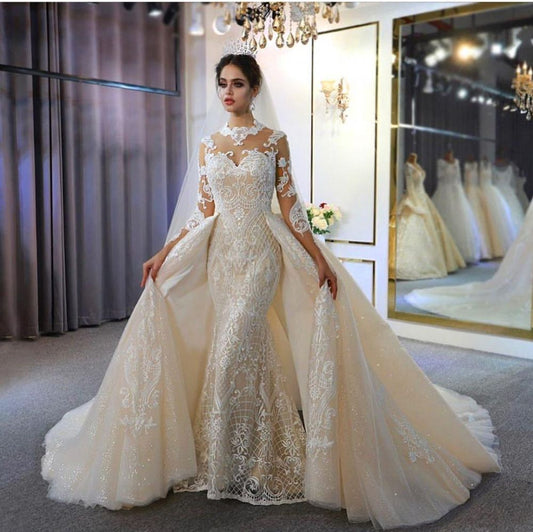 Champagne High Neck Mermaid Lace Ivory Wedding Dress With Panel Train