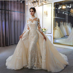 Champagne High Neck Mermaid Lace Ivory Wedding Dress With Panel Train