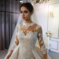 Champagne High Neck Mermaid Lace Ivory Wedding Dress With Panel Train