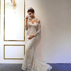 Champagne High Neck Mermaid Lace Ivory Wedding Dress With Panel Train