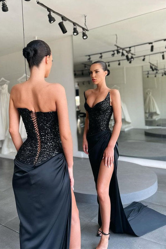 Unique Black Special Strapless High Split Lace Up Sequined Prom Dress