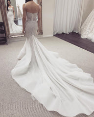 White Sleeveless Mermaid Beaded Wedding Dress With Panel Train