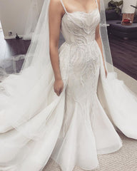 White Sleeveless Mermaid Beaded Wedding Dress With Panel Train