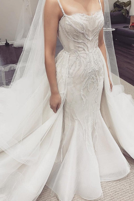 White Sleeveless Mermaid Beaded Wedding Dress With Panel Train