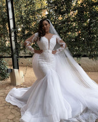 White Long Sleeves Plus Size Mermaid Belt Wedding Dress