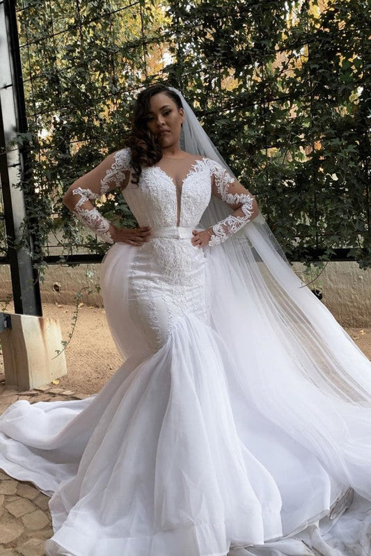 White Long Sleeves Plus Size Mermaid Belt Wedding Dress