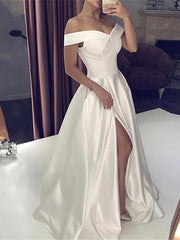 White Silky Off The Shoulder High Split Princess Wedding Dress