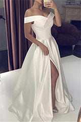 White Silky Off The Shoulder High Split Princess Wedding Dress